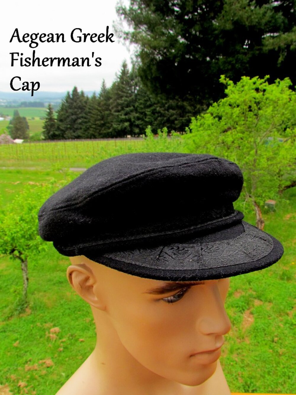 AEGEAN GREEK FISHERMAN'S CAP, BLACK WOOL w TRADITIONAL ROPE DETAILING, VINTAGE